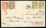 Stamp of Switzerland / Schweiz » Sitzende Helvetia Ungezähnt » Münchner Druck, 1. Auflage 1855, 40 Rp. blassgelbgrün, 1. Münchner Druckperiode, in Mischfrankatur mit 40 Rp. grün, 3. Münchner Druckperiode