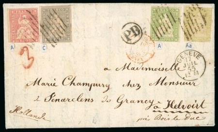 Stamp of Switzerland / Schweiz » Sitzende Helvetia Ungezähnt » Münchner Druck, 1. Auflage 1855, 40 Rp. blassgelbgrün, 1. Münchner Druckperiode, in Mischfrankatur mit 40 Rp. grün, 3. Münchner Druckperiode
