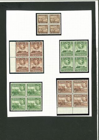 Stamp of Malta 1938-43 1/4d to 10s set of 21 in mint n.h. blocks of four,