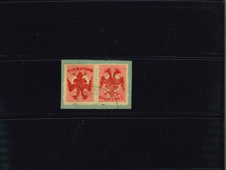 Stamp of Albania 1913, Albania, 20pa rose Turkish definitive, horizontal pair with RED tete-beche overprint on fgmt.