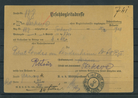 Stamp of Bosnia and Herzegovina Austria, Bosnia & Hercogovina, 1908, substitution parcel card from Turkeve to Sarajevo-Lager