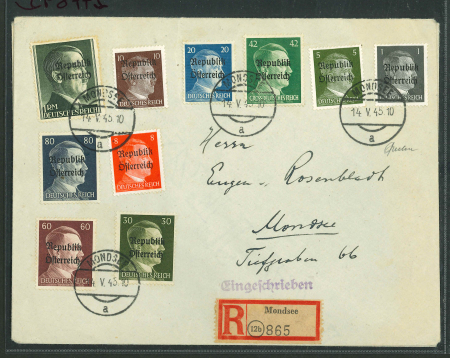 Stamp of Austria » Local Issues 1945, Austria, Österreich, Lokalausgabe Mondsee kpl. Buchdruck + 1RM Handstpl. auf 2 brfn.