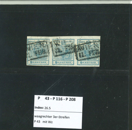 Stamp of Austria » 1850 Issue Austria, Österreich, 1850, 9HP. Ty I, Druckstöckel P43-116-208 waagr.3er Streifen, R!
