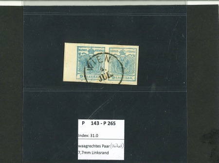 Stamp of Austria » 1850 Issue Austria, Österreich, 1850, 9Kr HP Ty I, linkes Randpaar PF 'FRESSENDER ADLER' - UNIKAT