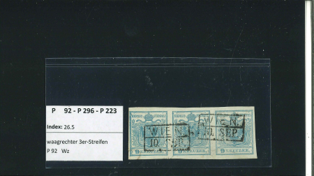 Stamp of Austria » 1850 Issue Austria, Österreich, 1850, 9Kr HP, Ty in waagr. Dreierstreifen P92-296-223