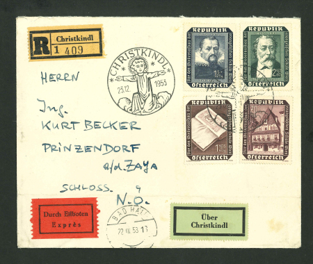 Stamp of Austria » 2nd. Republic 1953, Austria, Österreich Christkindl Reko-Eilboten Brief 23.12.53 mit Leitzettel