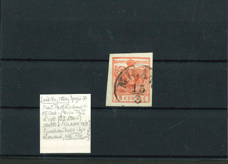 Stamp of Austria » Lombardy Venetia Austria, Österreich, 1850, 15C Mailänder Postfälschung Ty I dunkelrot, gestplt., 