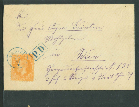 Stamp of Romania » 1872-79 Prince Carol I - Perforated Romania, 1873, blue VASLUI + boxed PD on cover with 25b orange single franking