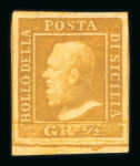 Stamp of Italian States » Sicily » 1/2 Grano, Plate I » Stamps Sicily 1/2Gr. plate I, porous paper (NA) olive yellow (giallo oliva) mint large margined single from the bottom of the sheet