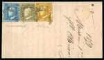 1859 1/2 Gr. plate I, olive-yellow (giallo oliva), single with four margins, together with 1 Gr. and 2 Gr., on 1859 entire to France. Fine condition.  A remarkable and highly important three-colour franking, made especia