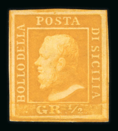 1859 1/2 Gr. plate I, deep orange (arancio scuro), position 8, large even-margined single with original light brownish gum, fresh, extremely fine and a rare shade unused.  Expertise: Signed A.Diena, Cert. Alberto Diena (