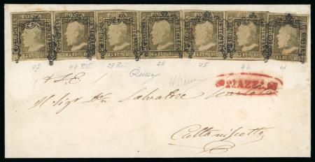 1859 1 Gr. Plate I, state I, olive-brown (bruno olivastro), seven examples comprising a pair (positions 47–48), a second pair (positions 27–28), a third pair (positions 45–46), and a single example (position 41), all wit