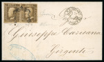 1859 1 Gr. Plate I, rust-brown (bruno ruggine), horizontal pair in positions 15–16, on 1859 cover from Palermo to Girgenti, franked and cancelled by a single framed handstamp, contrary to regulations. Both stamps show re