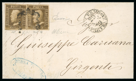 1859 1 Gr. Plate I, rust-brown (bruno ruggine), horizontal pair in positions 15–16, on 1859 cover from Palermo to Girgenti, franked and cancelled by a single framed handstamp, contrary to regulations. Both stamps show re