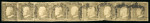 1859 1 Gr. Plate I, state II, olive-brown (bruno olivastro), extraordinary horizontal strip of nine, positions 11–19. A remarkable multiple of exceptional importance and visual impact. The strip shows clear retouches in 