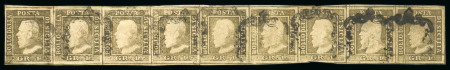 1859 1 Gr. Plate I, state II, olive-brown (bruno olivastro), extraordinary horizontal strip of nine, positions 11–19. A remarkable multiple of exceptional importance and visual impact. The strip shows clear retouches in 