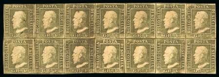 1859 1 Gr. Plate II, non-porous paper (NA), olive-brown (bruno oliva), exceptional block of fourteen (7 × 2), positions 22–28 / 32–38. The multiple shows double engraving in positions 32 and 35. Mint with full original b