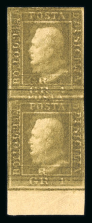 Stamp of Italian States » Sicily » 1 Grano, Plate II » Stamps Sicily 1859 1 Gr. plate II, porous paper (NA) olive brown (bruno oliva) in mint vertical pair, both showing dramatic double print