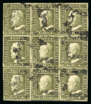 1859 1 Gr. Plate III, olive-green (verde oliva), magnificent used block of nine (3 × 3), with fine to very fine margins throughout. Fresh and exceptionally well preserved, signed in full on the reverse by Emilio Diena.  
