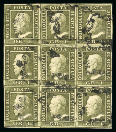 1859 1 Gr. Plate III, olive-green (verde oliva), magnificent used block of nine (3 × 3), with fine to very fine margins throughout. Fresh and exceptionally well preserved, signed in full on the reverse by Emilio Diena.  