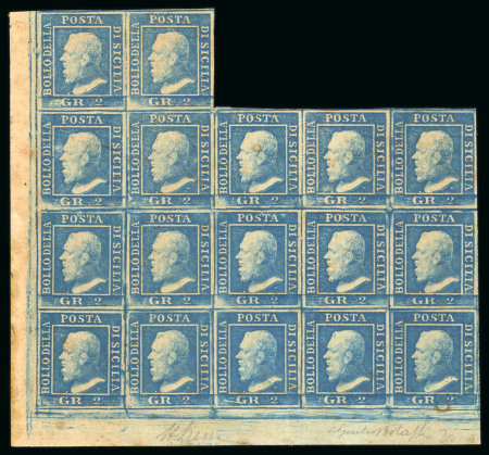 Stamp of Italian States » Sicily » 2 Grana, Plate I » Stamps Sicily 1859 2 Gr. plate I, bright blue (azzurro vivo), mint bottom left corner sheet marginal block of seventeen