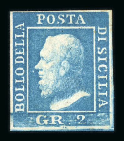 1859 2 Gr. Plate II, dull blue (azzurro smorto), position 42, with four even margins. A remarkably fresh example with large part original brownish gum. Fresh and very fine. (Sassone 7e, €75,000).  An outstanding unused e