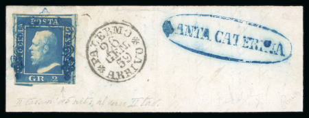 Stamp of Italian States » Sicily » 2 Grana, Plate II » Stamps Sicily 1859 2Gr plate II azzuro oltremare retouch position 45 printed both sides, reverse with part four stamps use blue frame