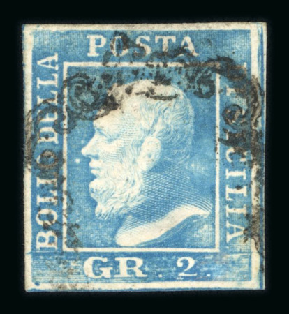 1859 2 Gr. Plate II, bright blue (azzurro vivo), showing a remarkable double-sided printing (printed on both sides), with positive impressions of two Plate II stamps on the reverse from positions 92–93.  A spectacular an