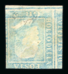1859 2 Gr. Plate II, bright blue (azzurro vivo), showing a remarkable double-sided printing (printed on both sides), with positive impressions of two Plate II stamps on the reverse from positions 92–93.  A spectacular an