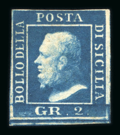 1859 2 Gr. Plate III, deep blue (azzurro cupo), with four good to large margins. Exceptionally fresh, with large part original gum.  A very rare unused stamp, representing a shade unlisted in Sassone. Of outstanding rari