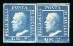 1859 2 Gr. Plate III, bright blue (azzurro vivo), horizontal pair with good to large margins. Fresh unused multiple with large part lightly browned original gum.  An extremely rare and attractive multiple, displaying exc