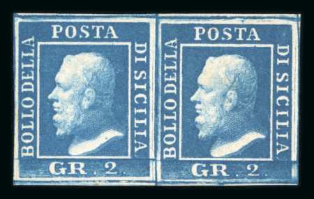 1859 2 Gr. Plate III, bright blue (azzurro vivo), horizontal pair with good to large margins. Fresh unused multiple with large part lightly browned original gum.  An extremely rare and attractive multiple, displaying exc