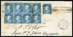 1859 2 Gr. Plate III, blue (azzurro), used on large part cover front with a block of eight (4 × 2), positions 51–54 and 61–64, together with an additional single, with framed oval Castrogiovanni alongside. Some margins t