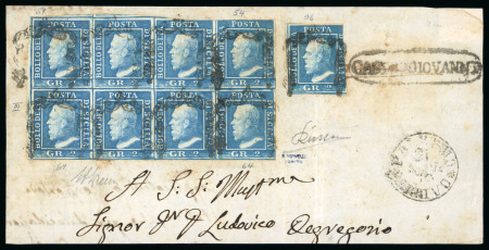 1859 2 Gr. Plate III, blue (azzurro), used on large part cover front with a block of eight (4 × 2), positions 51–54 and 61–64, together with an additional single, with framed oval Castrogiovanni alongside. Some margins t