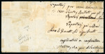 1859 2 Gr. Plate III, blue (azzurro), used on large part cover front with a block of eight (4 × 2), positions 51–54 and 61–64, together with an additional single, with framed oval Castrogiovanni alongside. Some margins t