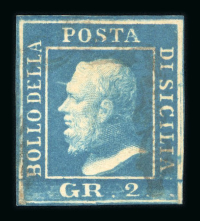 Stamp of Italian States » Sicily » 2 Grana, Plate III » Stamps Sicily 1859 2 Gr. plate III, greenish blue (azzurro verdastre), used with four even margins, showing variety printed on both sides