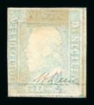 Stamp of Italian States » Sicily » 2 Grana, Plate III » Stamps Sicily 1859 2 Gr. plate III, greenish blue (azzurro verdastre), used with four even margins, showing variety printed on both sides