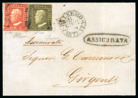 1859 5 Gr. Plate I, vermilion-rose (rosa vermiglio), together with 1 Gr. Plate III, on registered (Assicurata) cover dated 9 July from Palermo to Girgenti. Without arrival markings.  A rare and attractive mixed value fra
