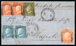 1859 5 Gr. Plate I, vermilion (vermiglio), position 46 showing retouch, on entire from Catania to Naples, additionally franked with 5 Gr. Plate II and 1 Gr. Plate III, plus two single 2 Gr. values, and a further 5 Gr. Pl
