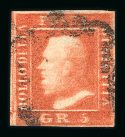 Stamp of Italian States » Sicily » 5 Grana, Plate II » Stamps Sicily 1859 5 Gr. plate II, vermilion (vermiglio), used with four close to good margins, showing clear double impression, very fine and an extremely rare error.