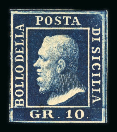 1859 10 Gr., indigo (indaco), position 31, with four even margins. Fresh mint example with original, slightly browned gum.   A fine and attractive example of this high value, displaying excellent freshness and well-prese
