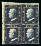 Stamp of Italian States » Sicily » 10 Grana » Retouches Sicily 1859 10Gr indaco top left corner block of four large part o.g.,  positions 1 and 11 with retouches