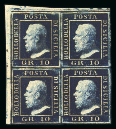 Stamp of Italian States » Sicily » 10 Grana » Retouches Sicily 1859 10Gr indaco top left corner block of four large part o.g.,  positions 1 and 11 with retouches