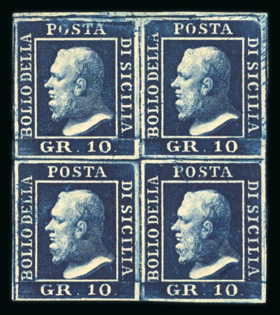 1859 10 Gr., indigo (indaco), corner block of four, positions 9–10 and 19–20, with position 9 showing retouch. Fresh unused multiple with original brownish gum, missing in the upper right corner and with a smaller area o