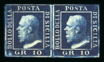 1859 10 Gr., indigo (indaco), horizontal pair with good to close margins, position 33-34. Fresh mint example with original brownish gum.  A scarce and attractive multiple, displaying excellent freshness, rich colour and 