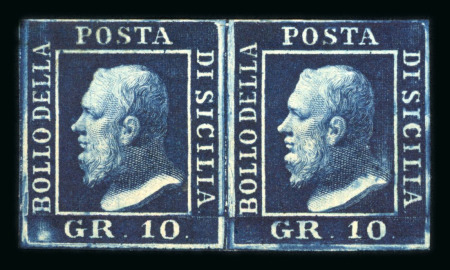1859 10 Gr., indigo (indaco), horizontal pair with good to close margins, position 33-34. Fresh mint example with original brownish gum.  A scarce and attractive multiple, displaying excellent freshness, rich colour and 
