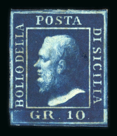 1859 10 Gr., deep blue (azzurro cupo), with four good even margins. Fine deep colour, with large part original brownish gum.  A fresh and attractive unused example of this rare shade, displaying excellent colour and well