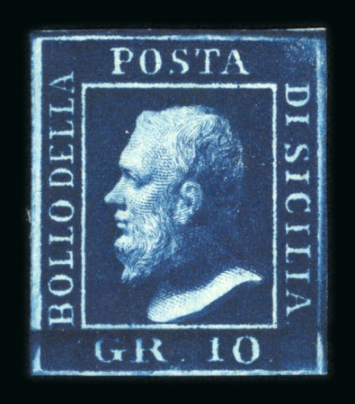 1859 10 Gr., deep blue (azzurro cupo), with four good even margins. Fresh mint example with original gum.  A fine and attractive example of this rare shade, displaying excellent freshness and well-preserved original gum.
