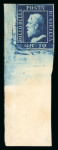 Stamp of Italian States » Sicily » 10 Grana » Retouches Sicily 1859 10 Gr. dark blue (azzurro cupo), mint with original gum, bottom left corner sheet marginal, showing very large margin at base, extremely fine and very rare in this quality.