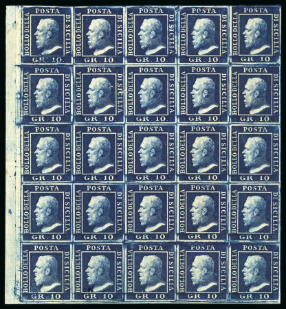 Stamp of Italian States » Sicily » 10 Grana » Stamps 1859 10 Gr. dark blue (azzurro cupo), mint with original brownish gum, bottom left-hand corner sheet marginal block of twenty-five (5 x 5), showing pre-printing paper fold through four stamps in second row, right to left